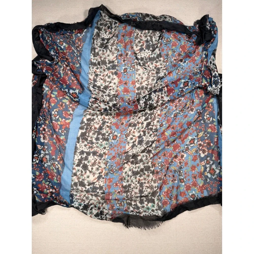 Floral Paneled Lightweight Scarf Blue Red Black Frayed Eyelash Hem Accessory
